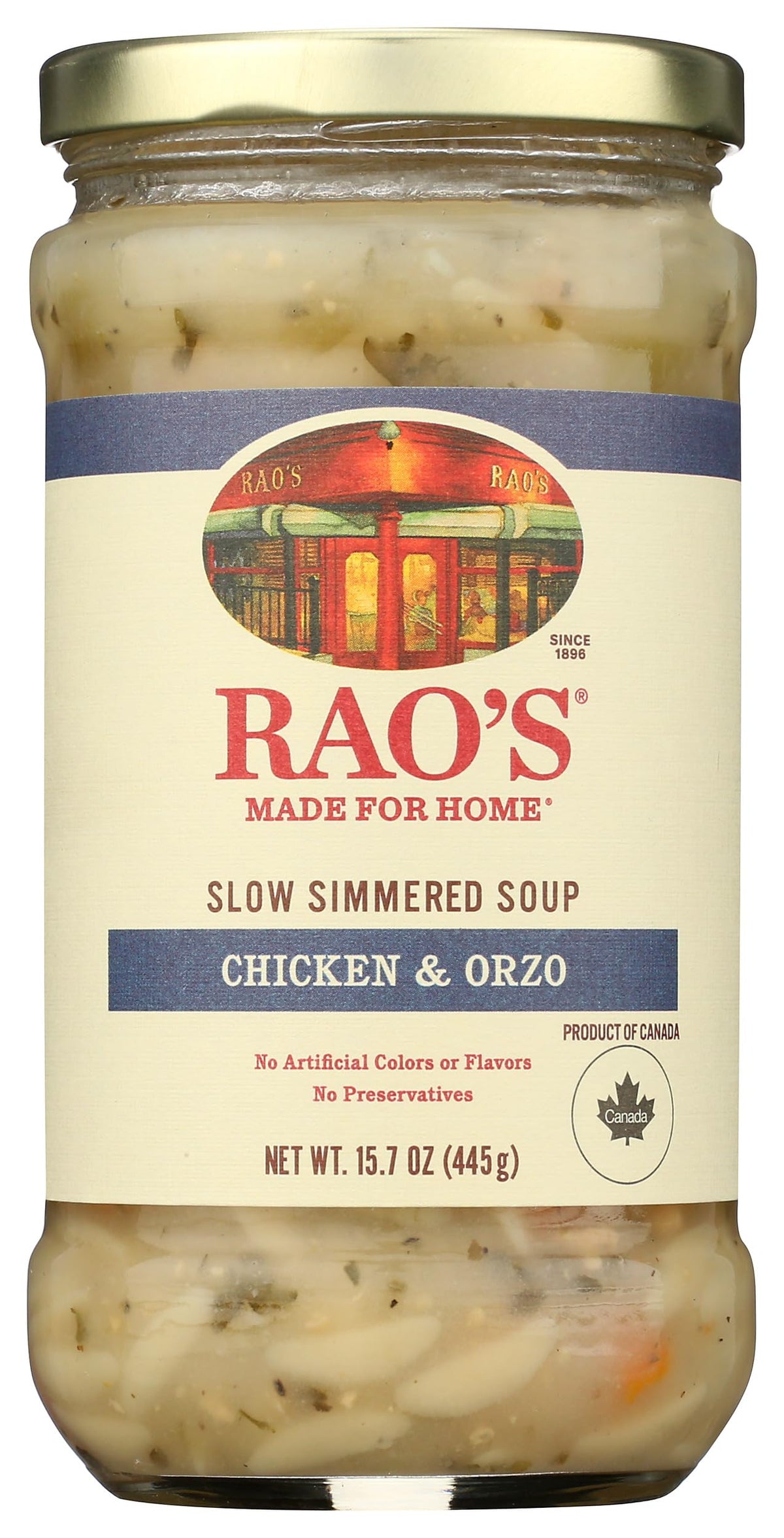 Rao's Homemade Chicken Orzo Soup 16oz can showcases premium ingredients for a comforting meal