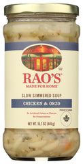 Rao's Homemade Chicken Orzo Soup 16oz can showcases premium ingredients for a comforting meal