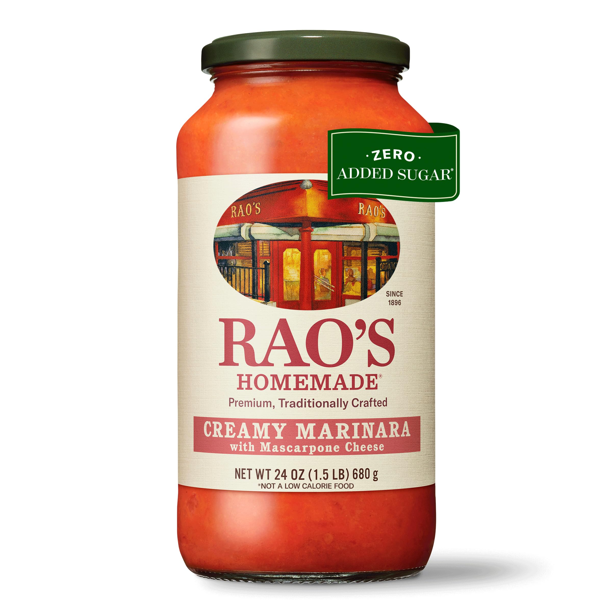 Rao's Homemade Creamy Marinara Mascarpone jar front, ideal for quick pasta nights.