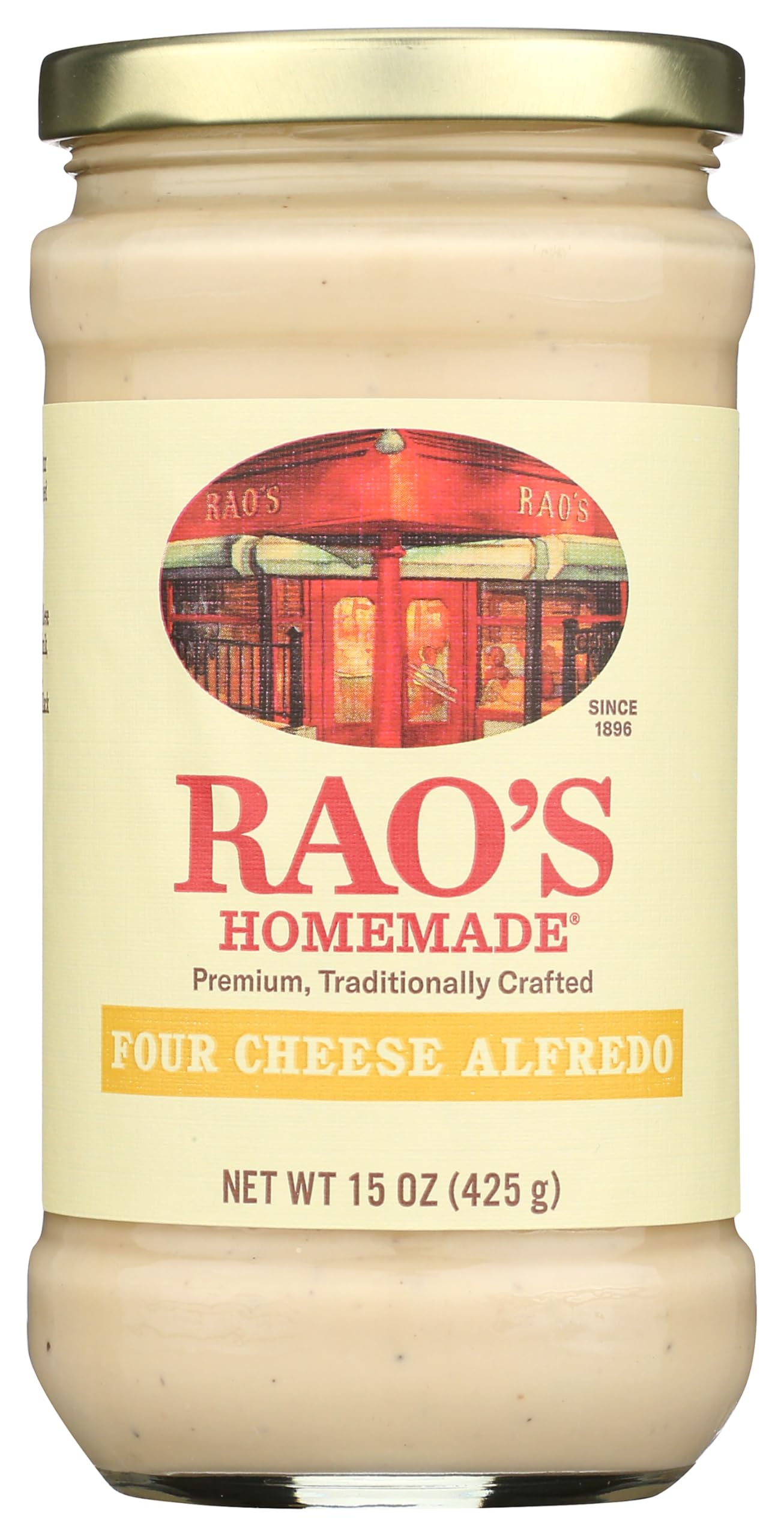 Rao's Homemade Four Cheese Alfredo Sauce jar close-up highlighting premium ingredients for creamy pasta.