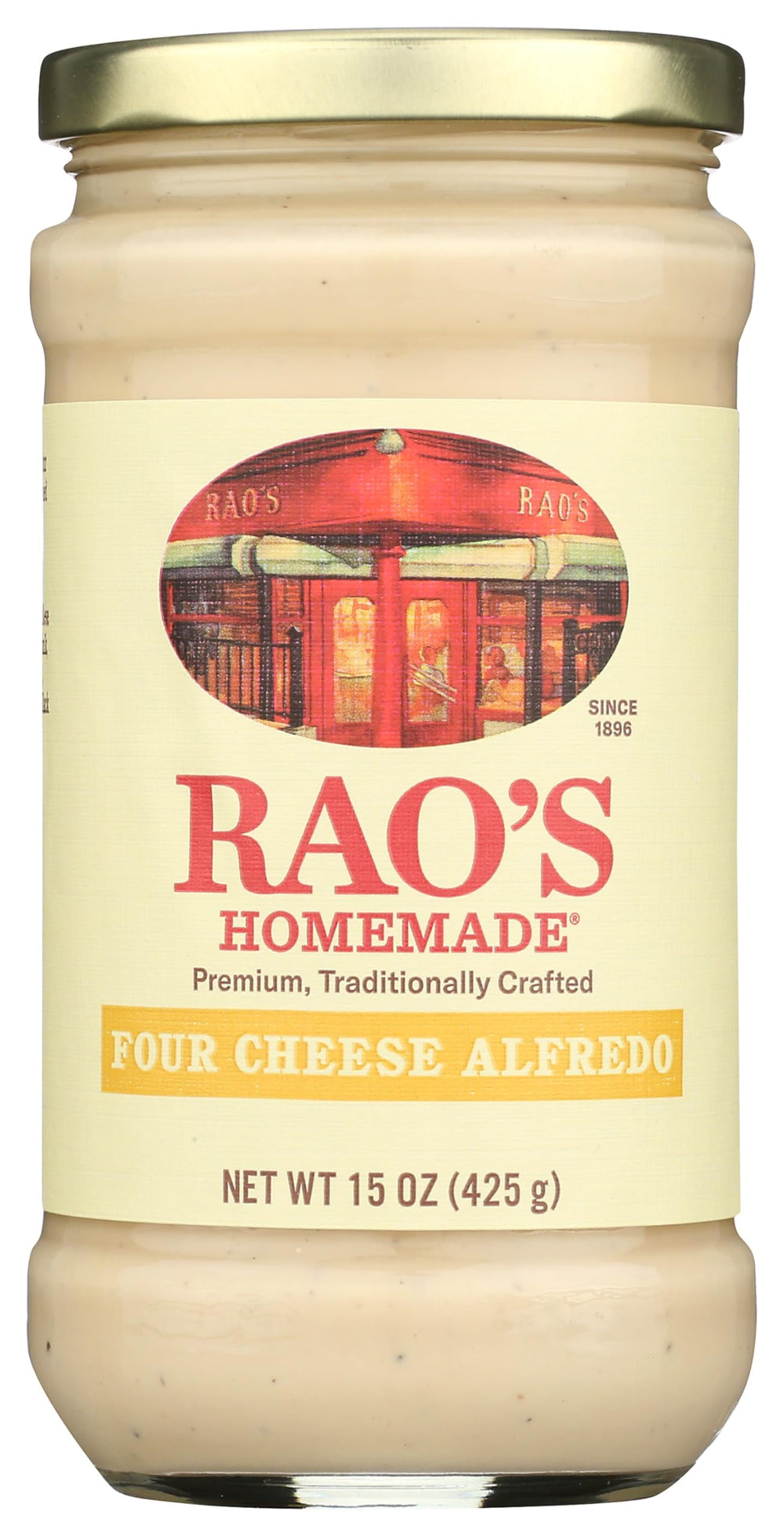 Rao's Homemade Four Cheese Alfredo Sauce jar close-up highlighting premium ingredients for creamy pasta.