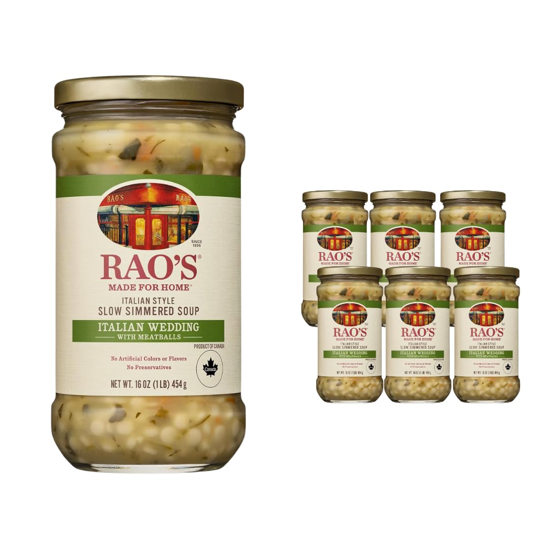 Rao's Homemade Italian Wedding Soup six-pack jars for quick weeknight dinners.