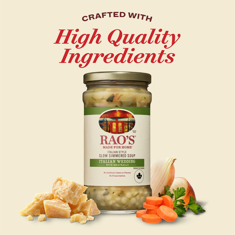 Rao's soup spoon dipping into warm broth, inviting aroma.