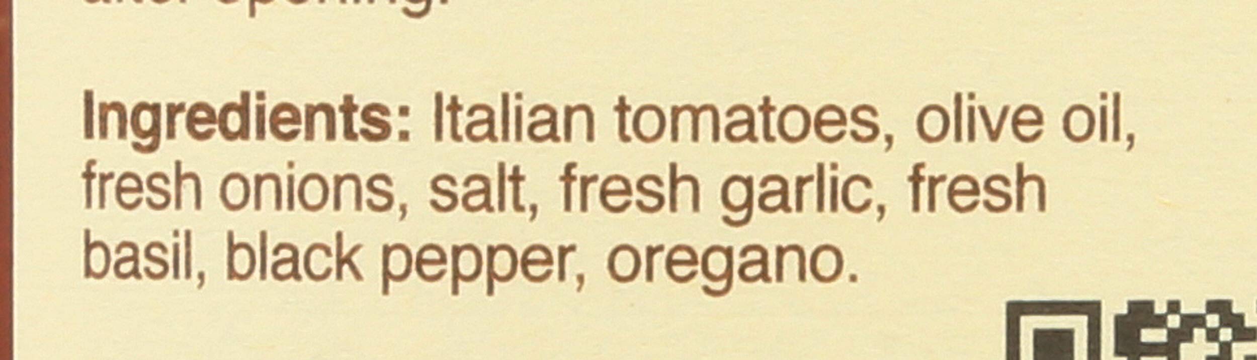 Close view of Rao's Marinara ingredients: tomatoes, olive oil, herbs
