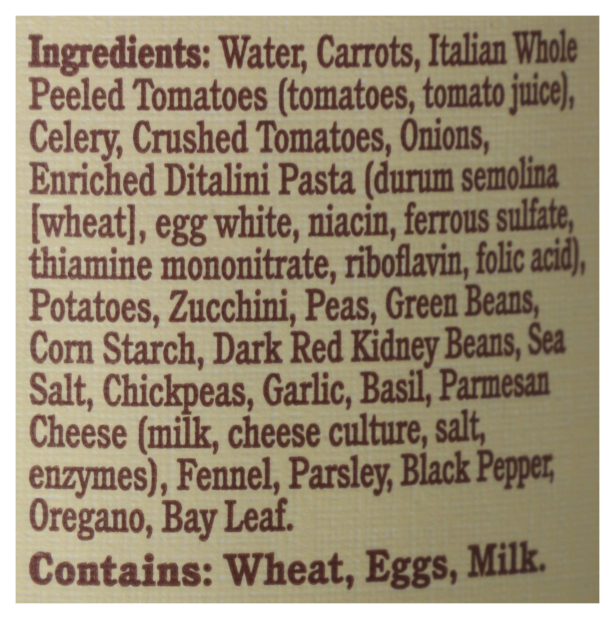 Rao's Minestrone ingredients close-up showing carrots, beans, and tomato broth