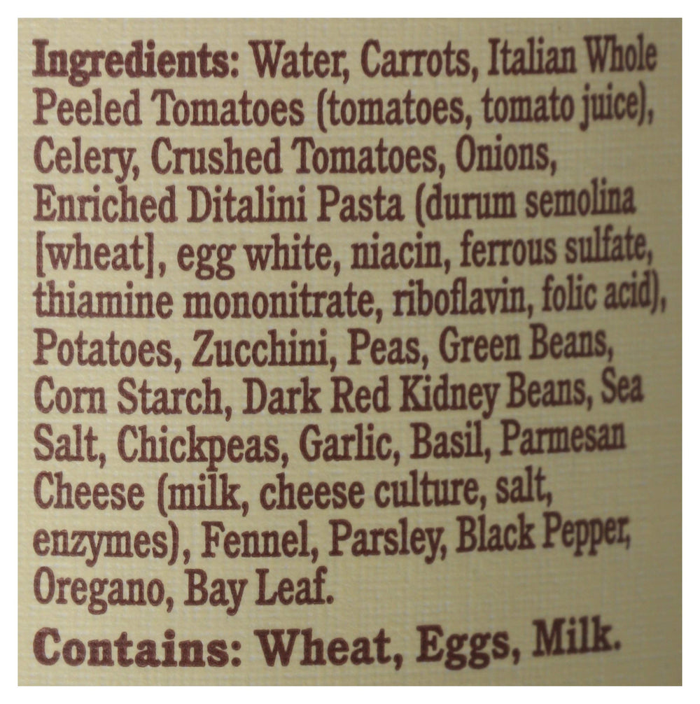 Rao's Minestrone ingredients close-up showing carrots, beans, and tomato broth