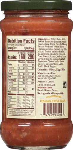 Rao's Pasta Fagioli ingredients visible in jar with beans and vegetables