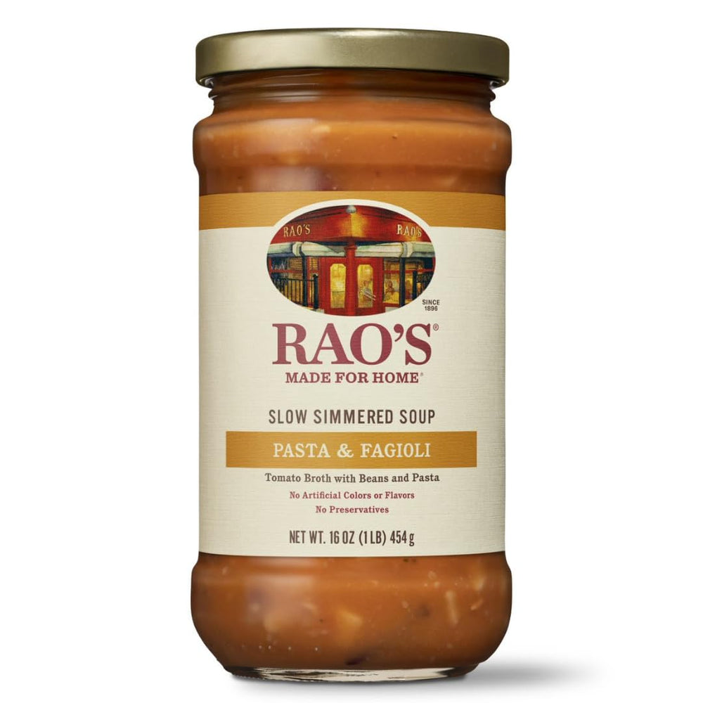 Rao's Pasta Fagioli soup jar, ready to heat for a comforting dinner