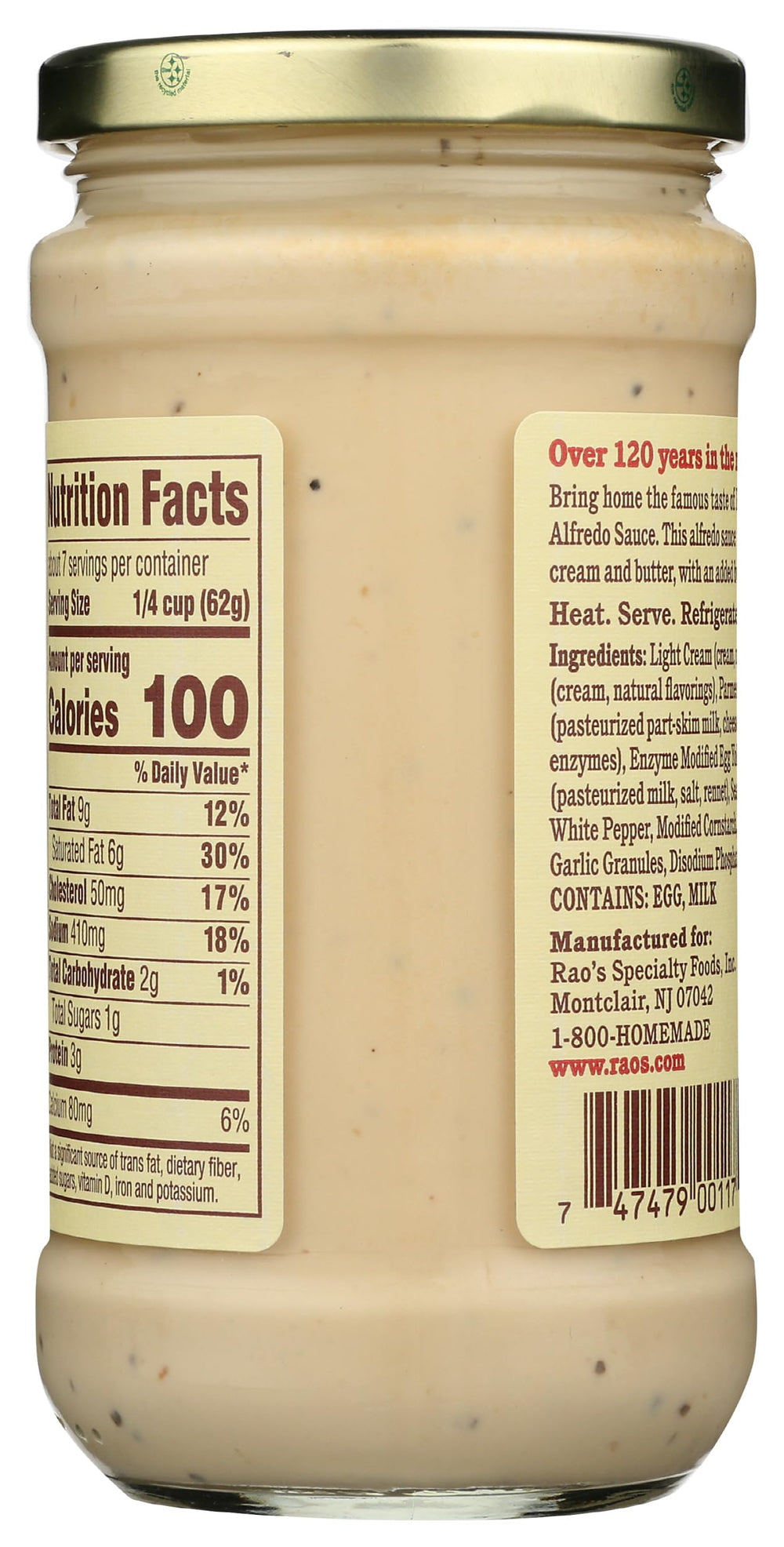 Rao's Homemade Roasted Garlic Alfredo Sauce label closeup highlighting premium ingredients and no added sugar