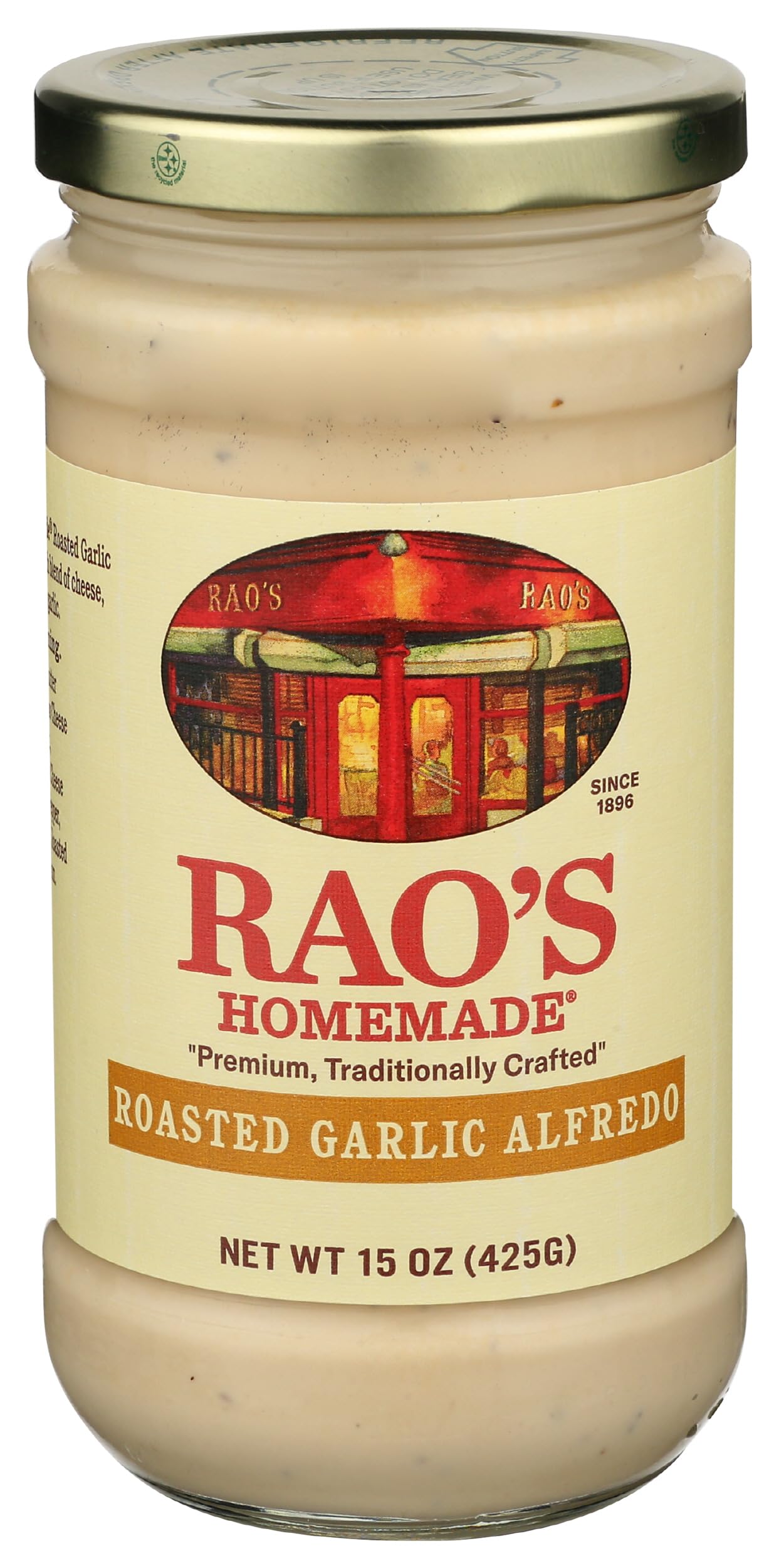 Rao's Homemade Roasted Garlic Alfredo Sauce jar front, creamy Alfredo ready for pasta nights