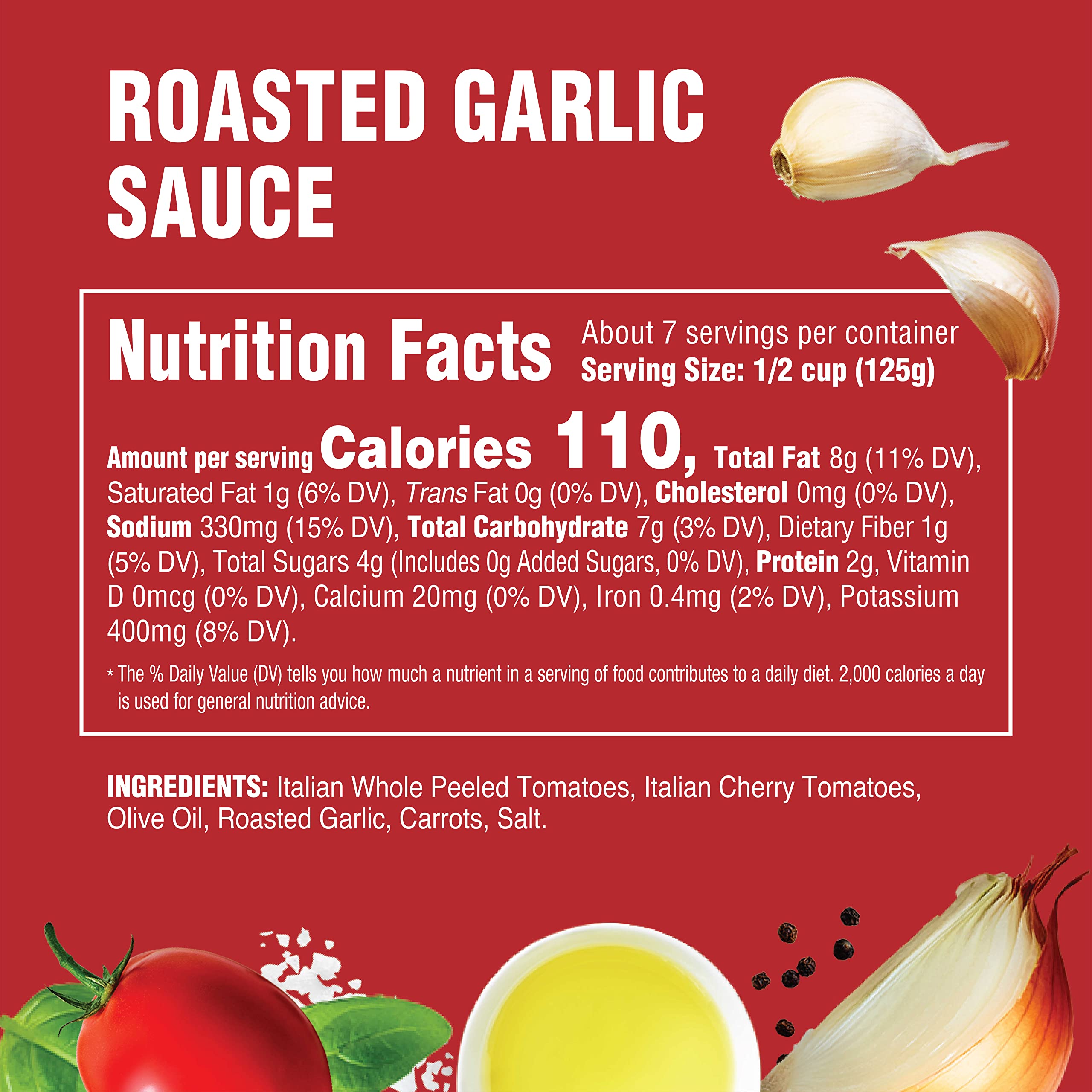 Close-up of Rao's ingredients showing tomatoes, garlic, and basil for quality flavor.