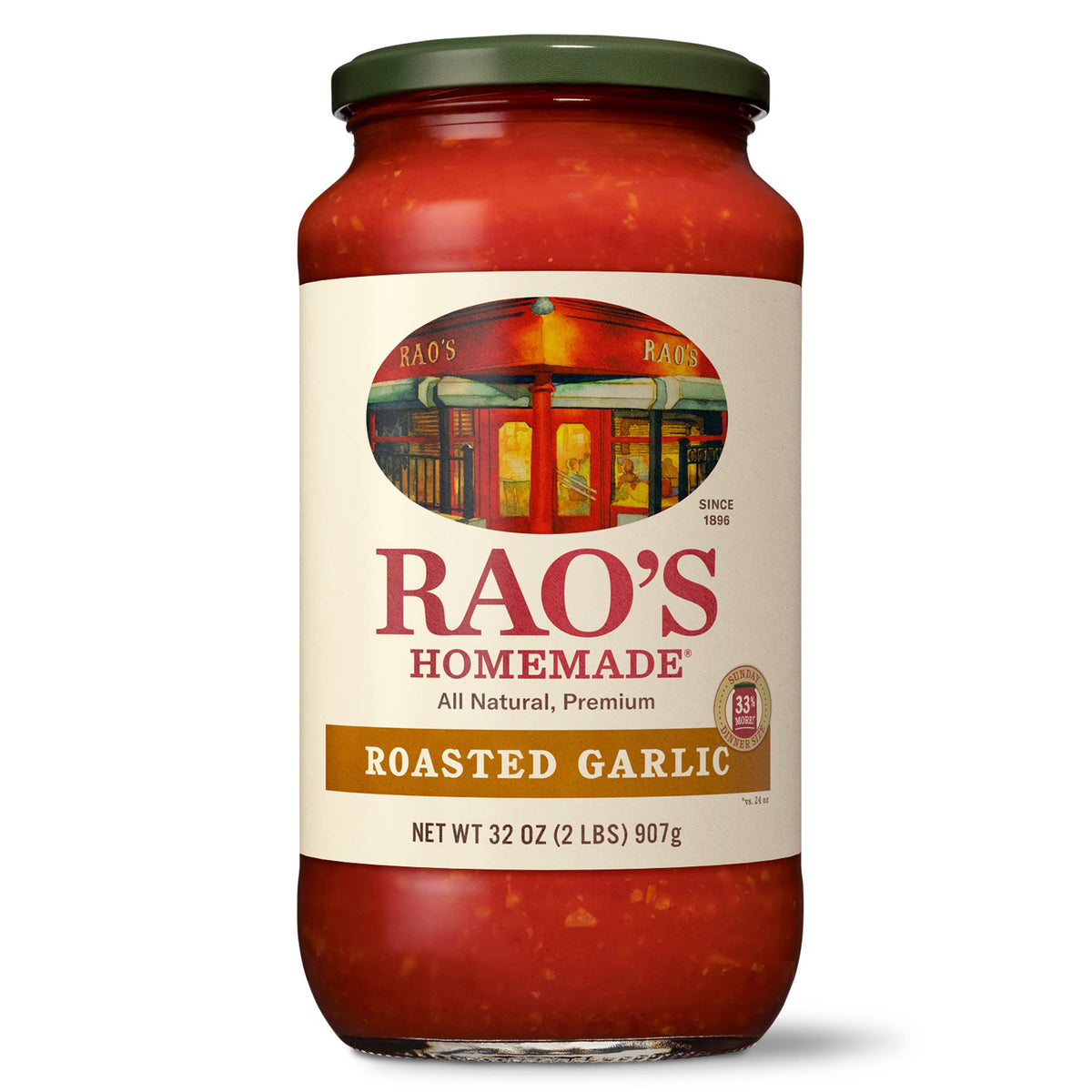 Rao's Homemade Roasted Garlic Tomato Sauce jar front for authentic Italian flavor in meals.