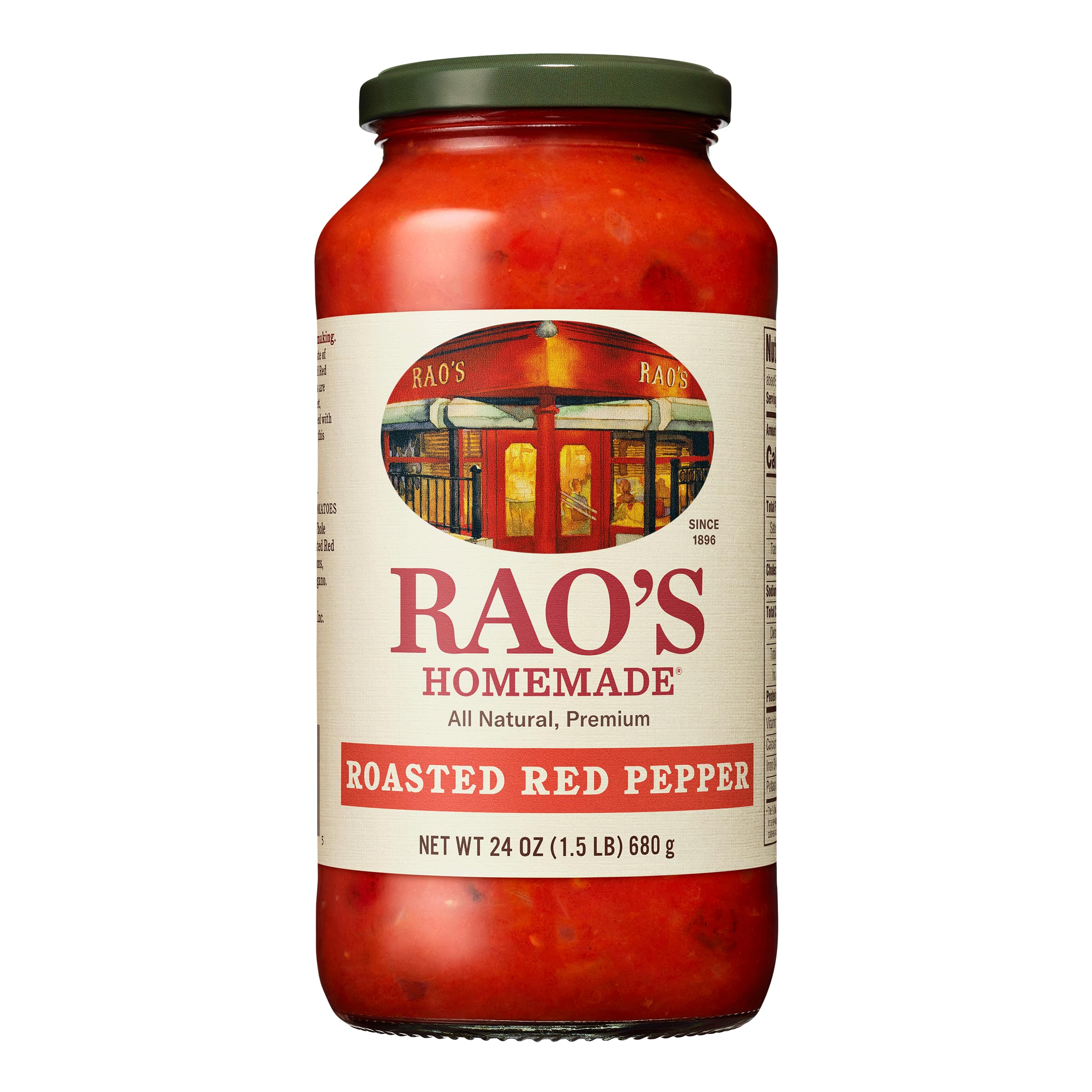 Rao's Roasted Red Pepper Sauce jar ready for pasta use, premium ingredients visible