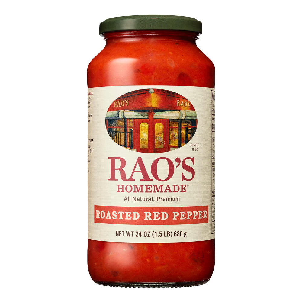 Rao's Roasted Red Pepper Sauce jar ready for pasta use, premium ingredients visible