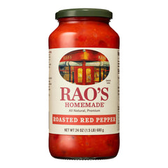 Rao's Roasted Red Pepper Sauce jar ready for pasta use, premium ingredients visible
