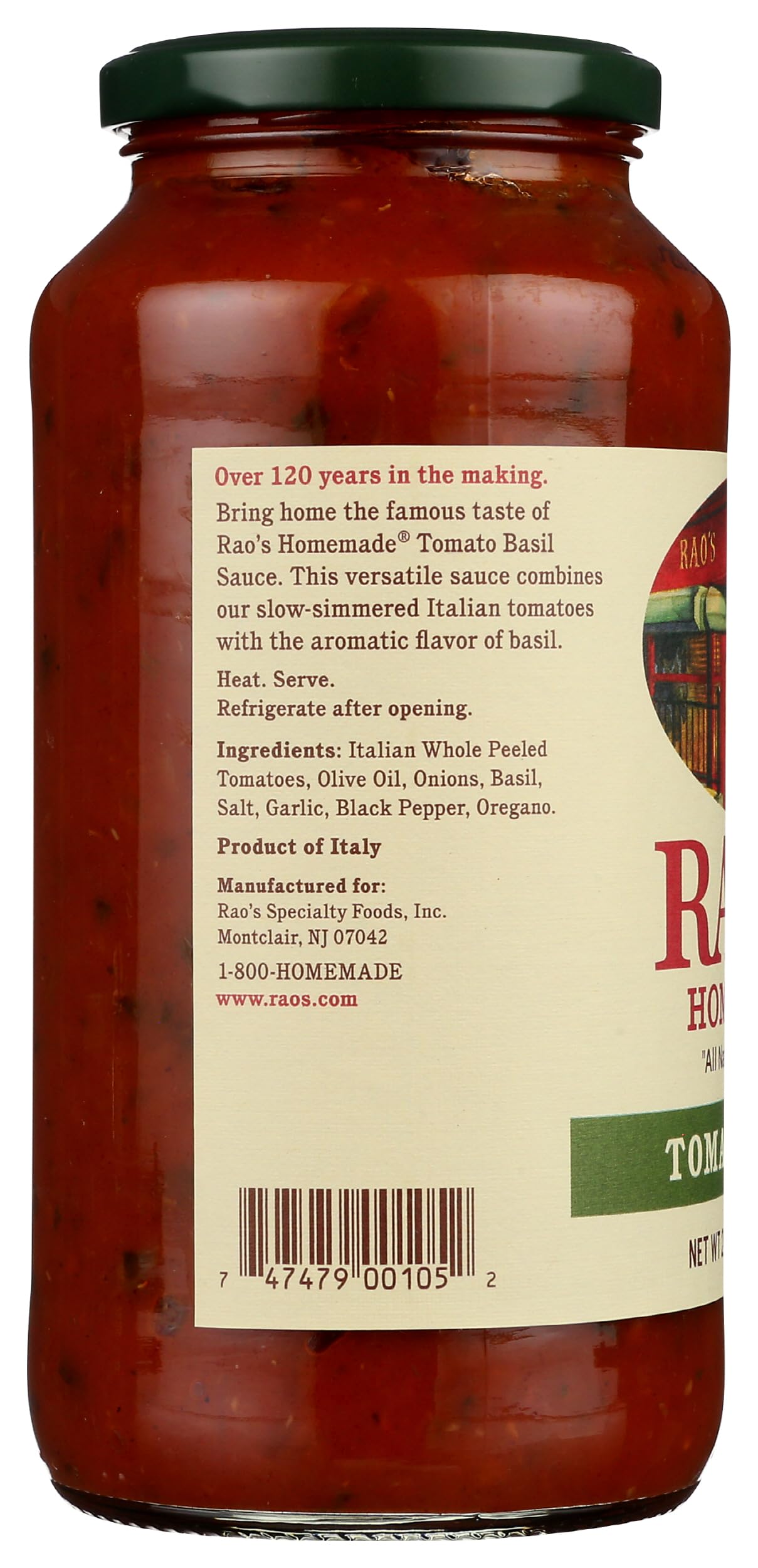 Rao's Homemade Tomato Basil Sauce bottle closeup emphasizes quality and keto-friendly options.
