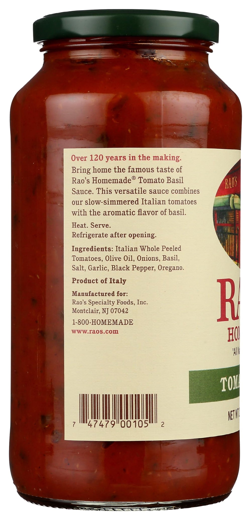 Rao's Homemade Tomato Basil Sauce bottle closeup emphasizes quality and keto-friendly options.