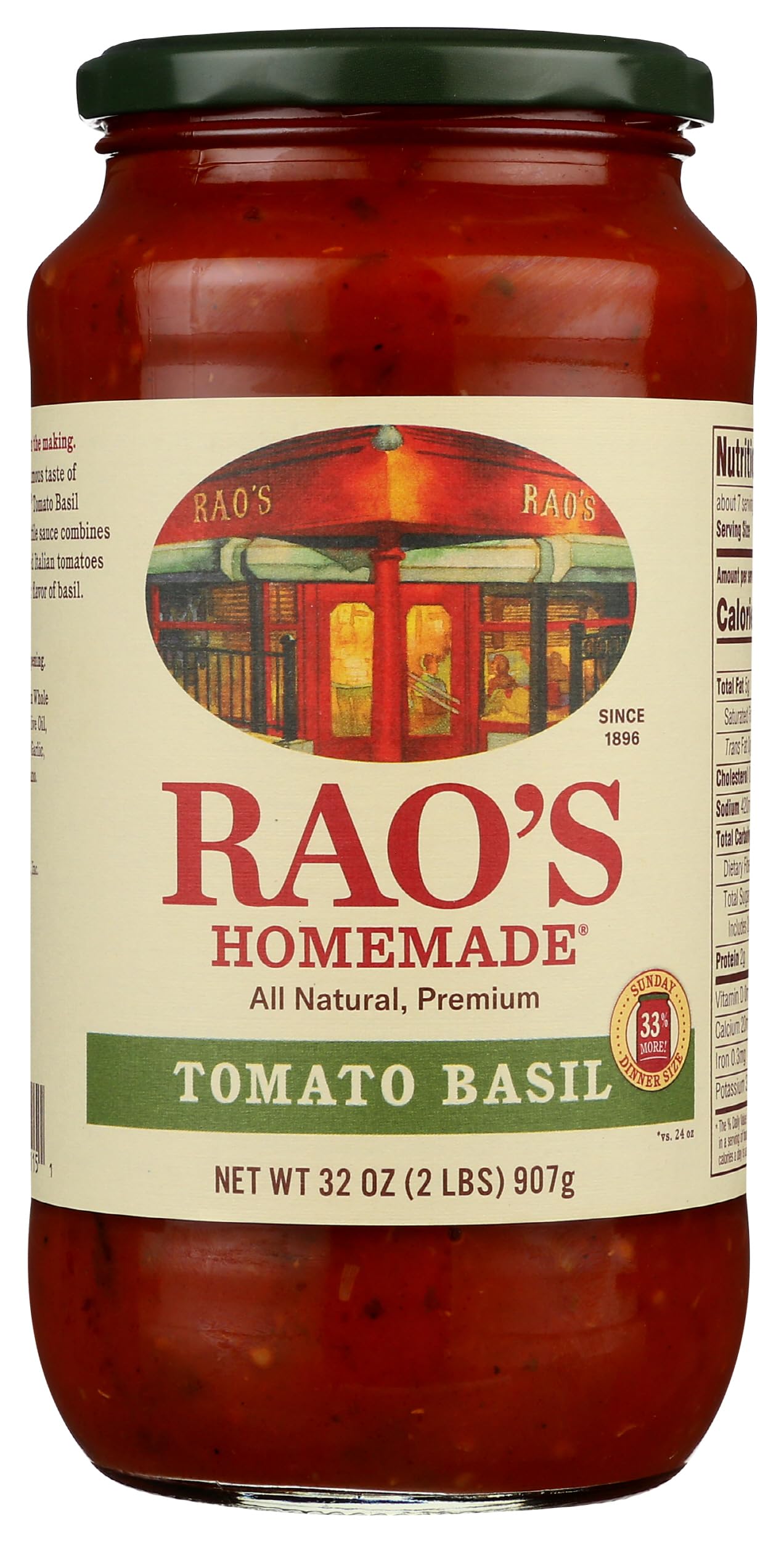 Rao's Homemade Tomato Basil sauce in a jar pours over pasta.