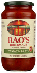 Rao's Homemade Tomato Basil sauce in a jar pours over pasta.