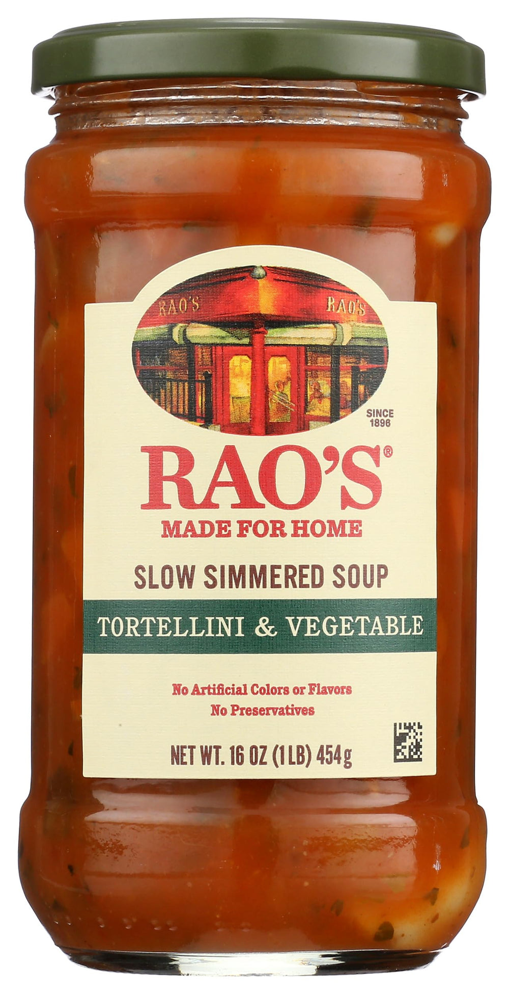 Rao's Homemade tortellini and vegetables soup jar closeup for quick meals