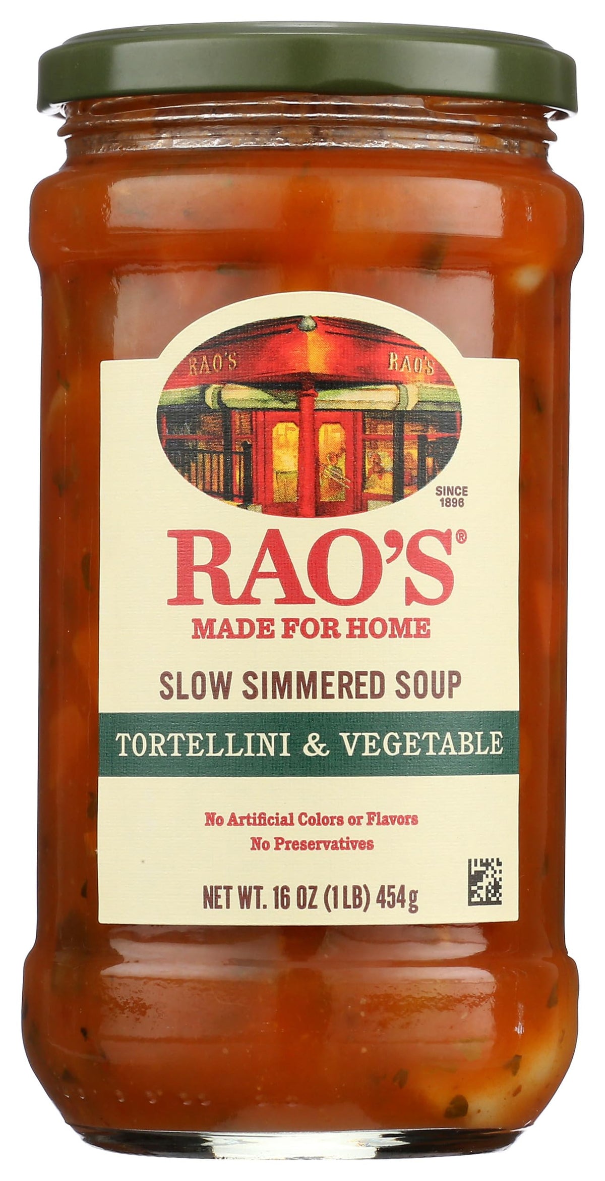 Rao's Homemade tortellini and vegetables soup jar closeup for quick meals