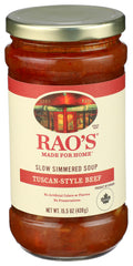 Rao's Homemade Tuscan Beef Soup jar with rich broth ready for a comforting meal