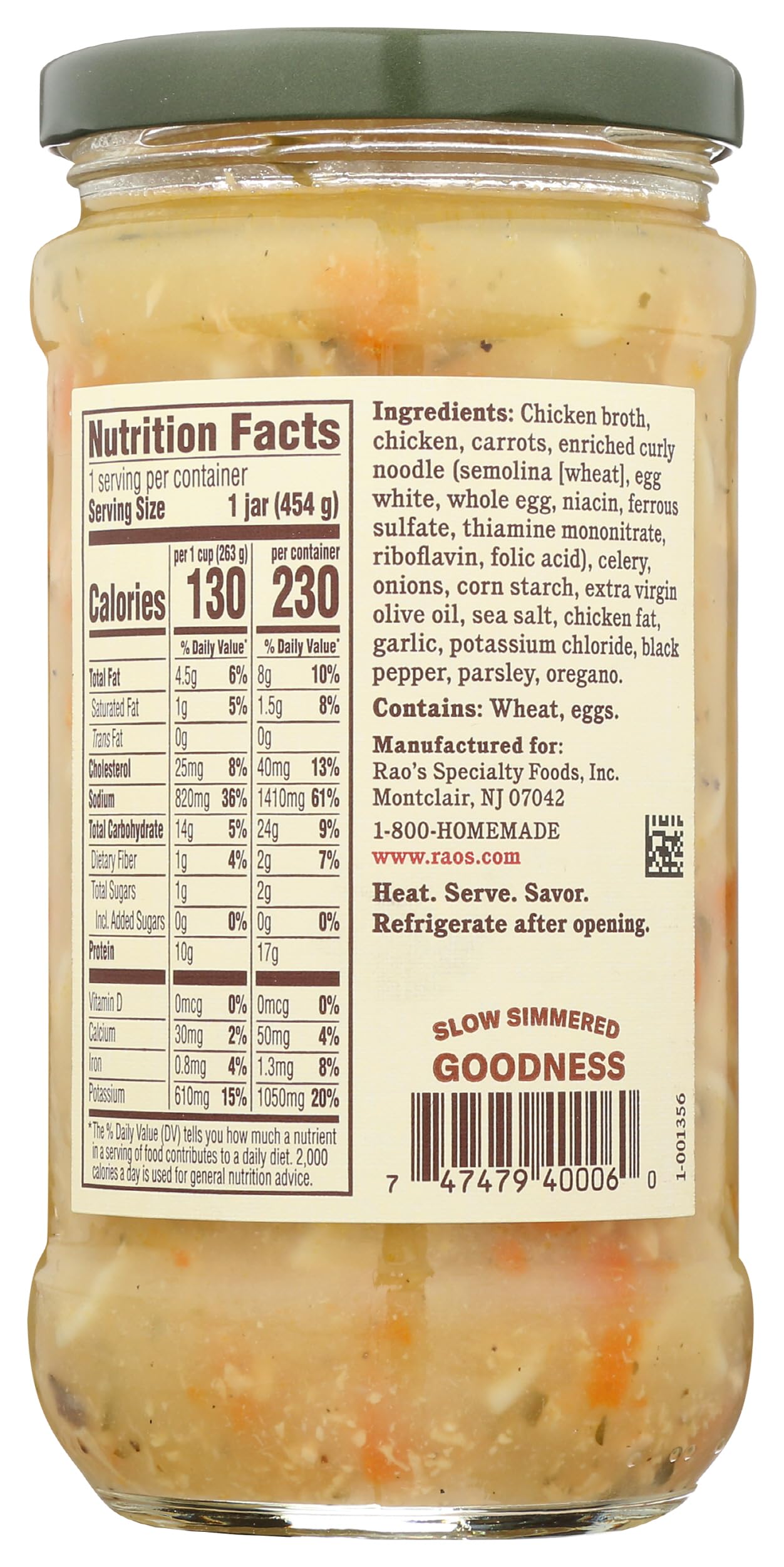 Rao's Made for Home Chicken Noodle Soup can front shows clean ingredients for a wholesome meal.