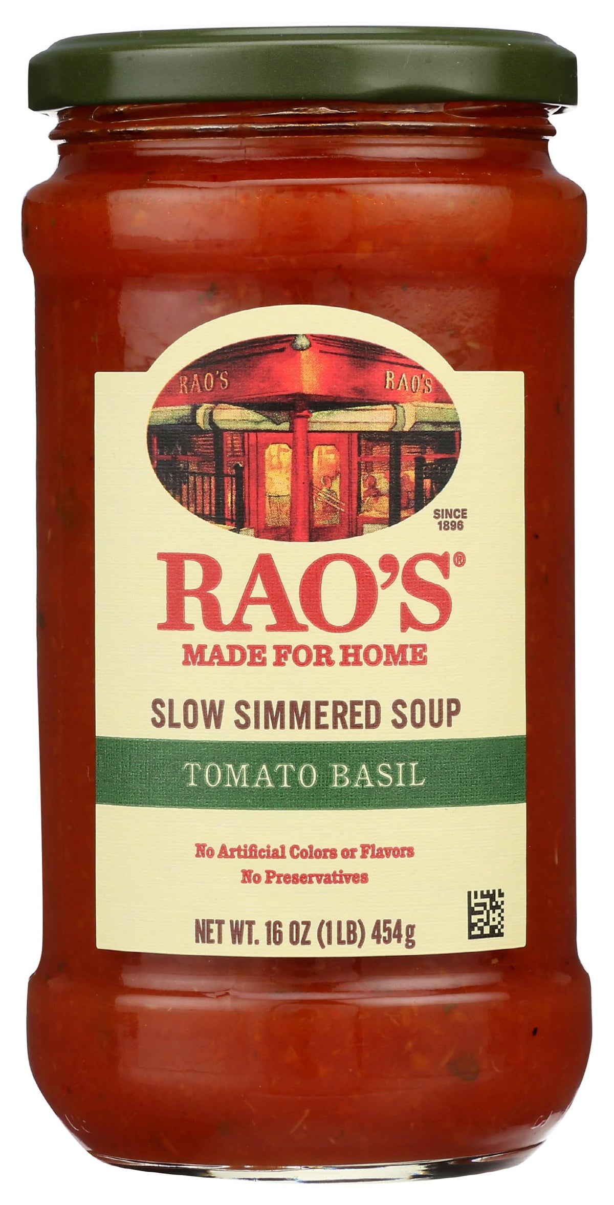 Rao's Made for Home Tomato Basil Soup jar shows premium ingredients and easy heat-and-serve convenience