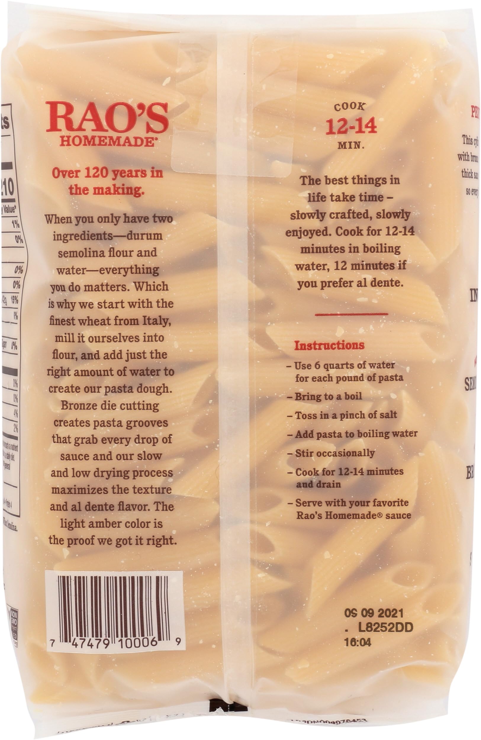 Rao's Homemade pasta imported from Italy for authentic texture.