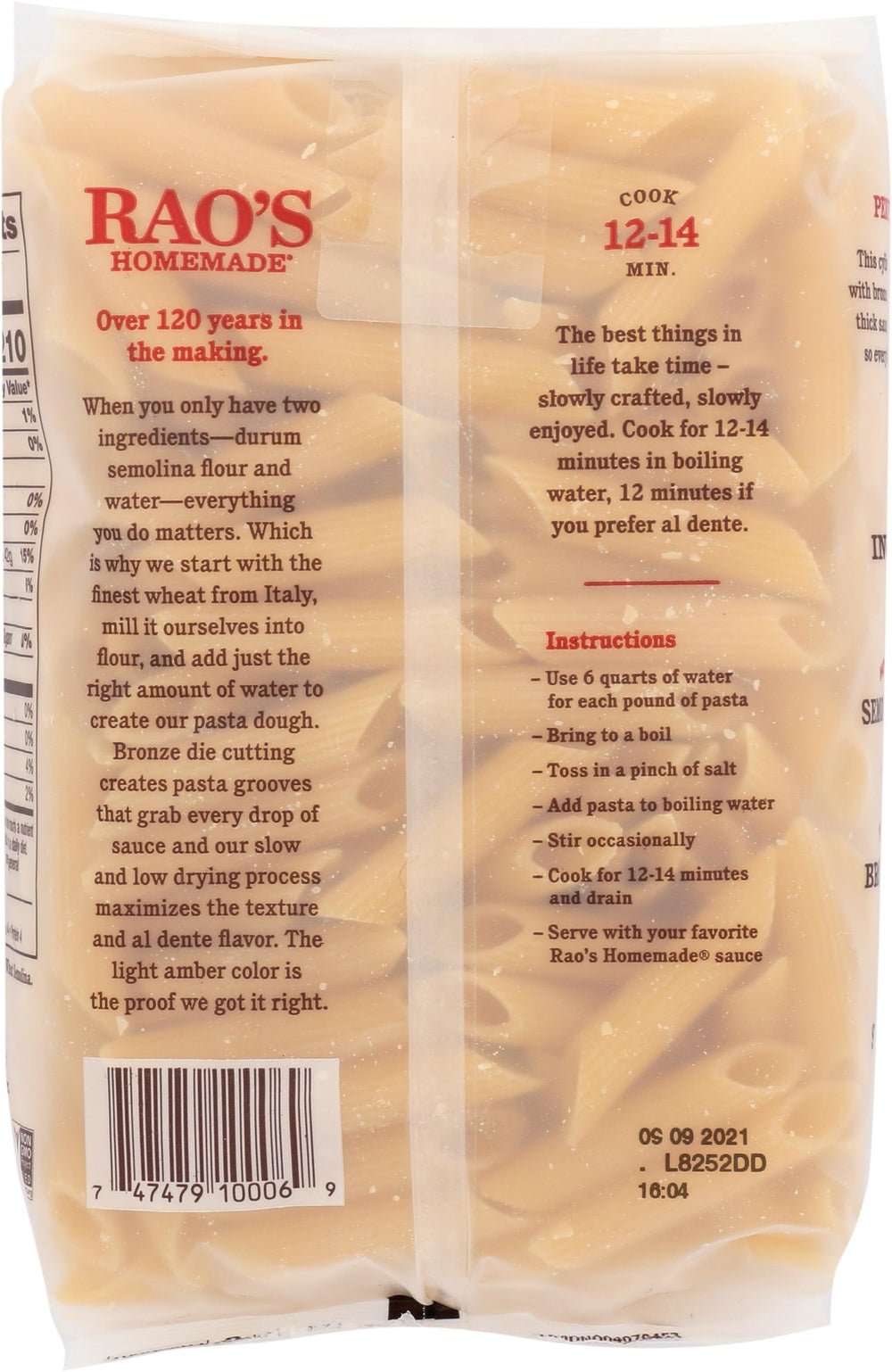 Rao's Homemade pasta imported from Italy for authentic texture.