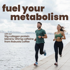 Rapid Fire Protein Coffee Hazelnut collage of collagen-whey-milk protein blend.