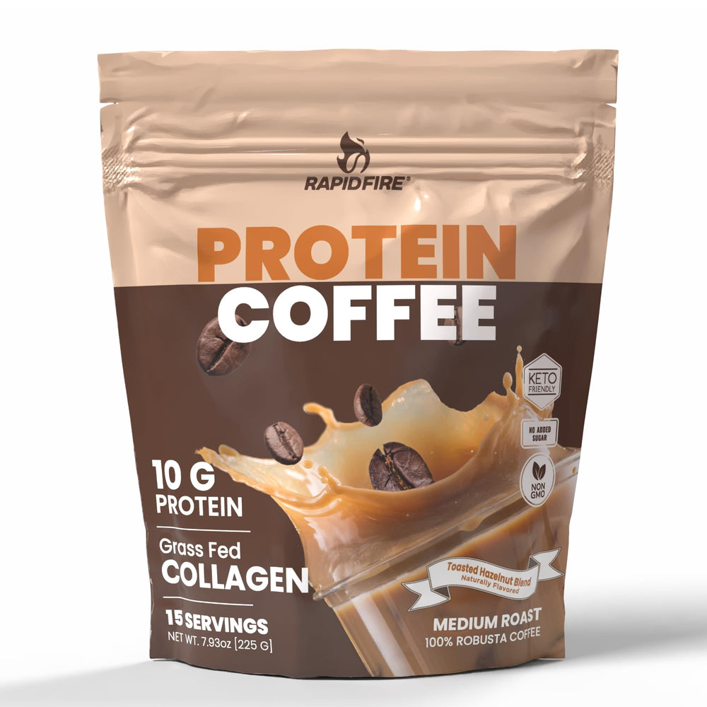 Rapid Fire Protein Coffee Hazelnut cup showing hot, energizing drink for morning routine.