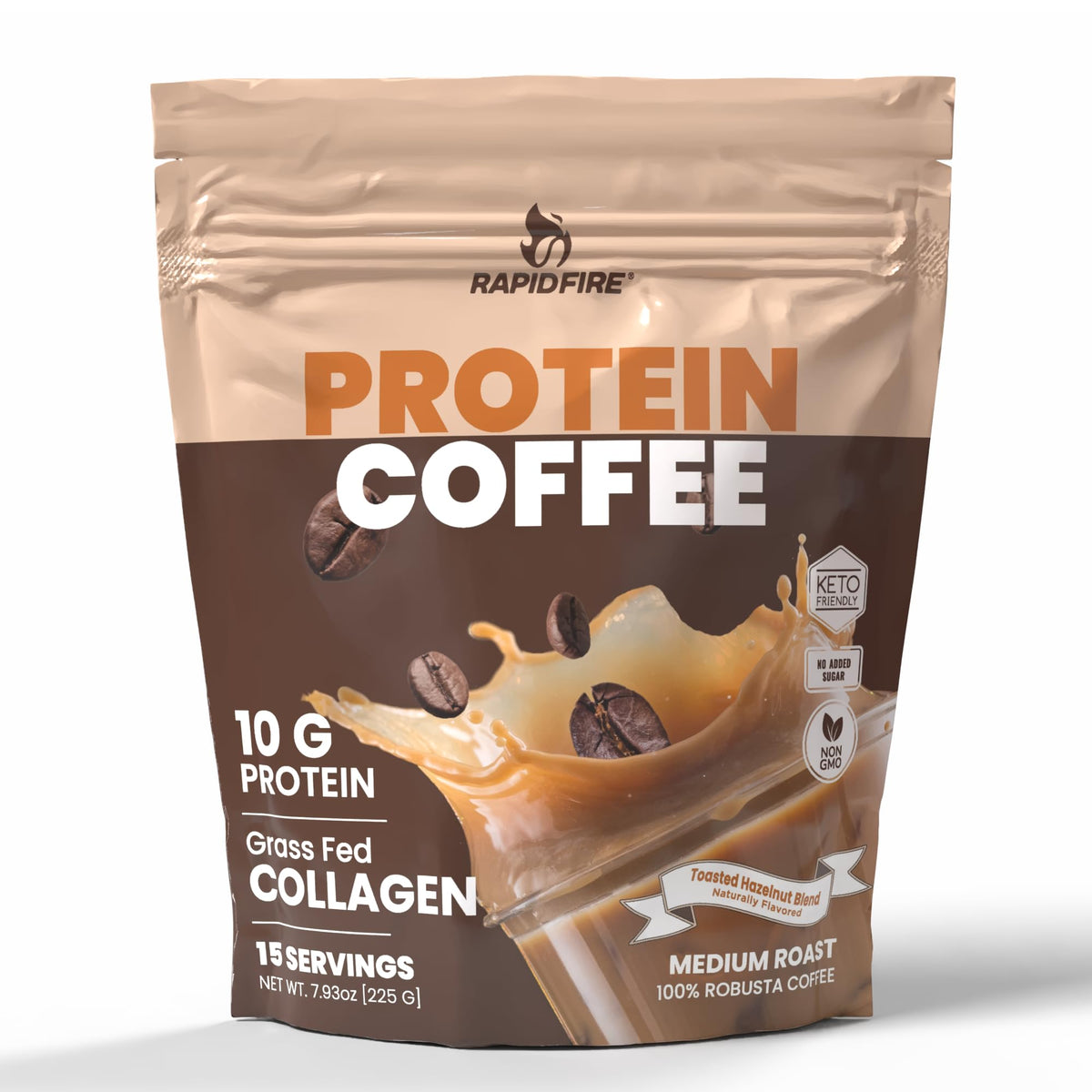 Rapid Fire Protein Coffee Hazelnut cup showing hot, energizing drink for morning routine.