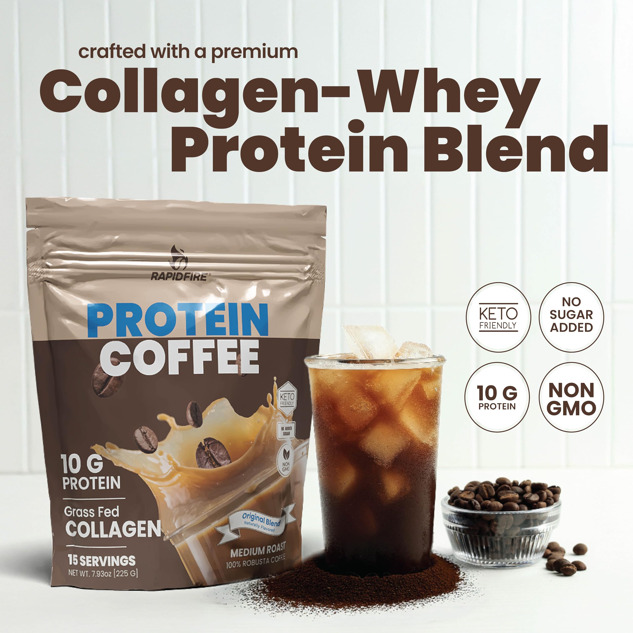 Rapid Fire Protein Coffee scoop with powder for quick mixing.