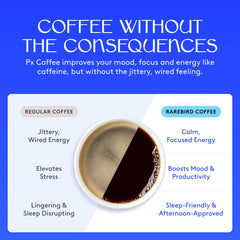 Rarebird Px Coffee bag back explains energy, focus, and sleep-friendly notes.