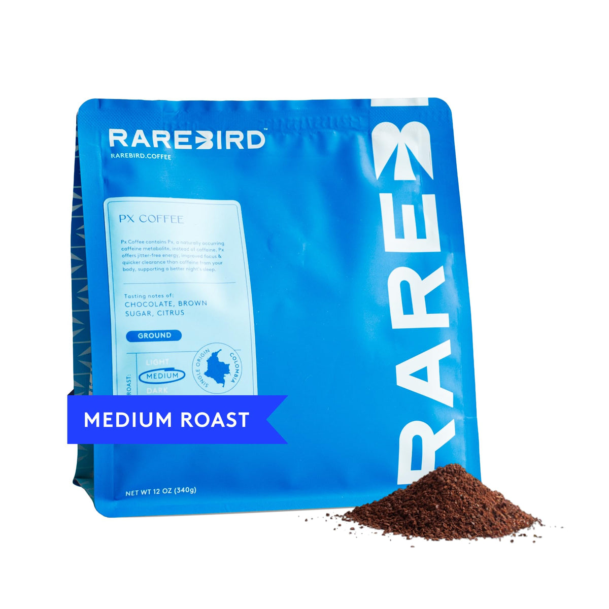 Rarebird Px Coffee bag front highlights premium single-origin Arabica and a smooth, low-acid brew.
