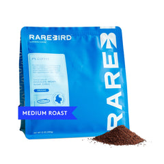 Rarebird Px Coffee bag front highlights premium single-origin Arabica and a smooth, low-acid brew.