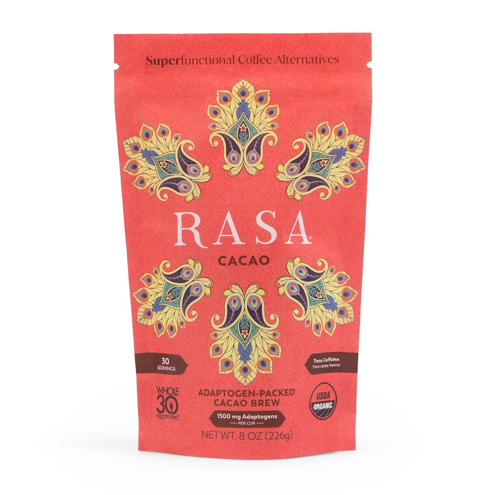 RASA Cacao canister with adaptogenic blend for steady energy.