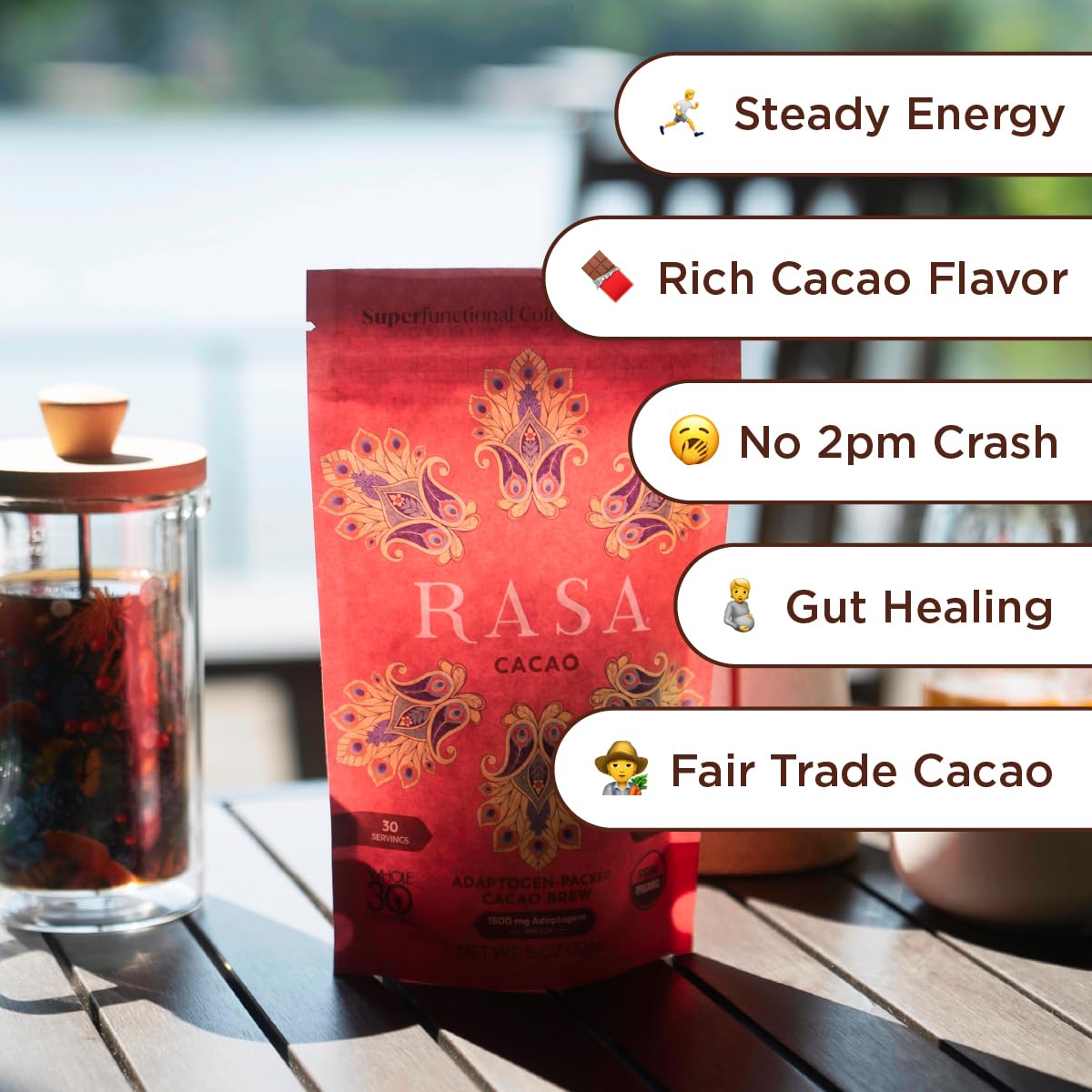 RASA Cacao powder mix highlights rich cacao tones for mindful sipping.