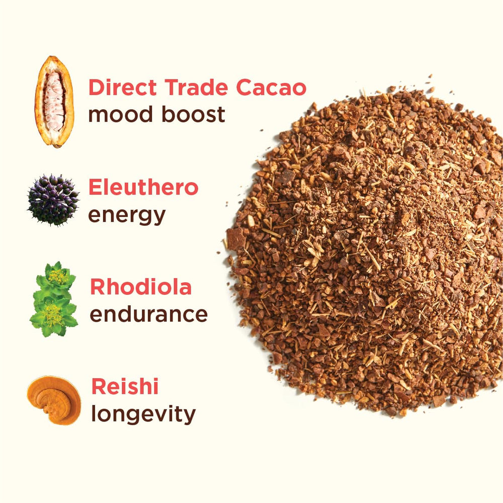 RASA Cacao rhodiola-mushroom blend supports focused energy and resilience.