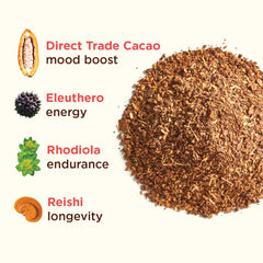 RASA Cacao rhodiola-mushroom blend supports focused energy and resilience.