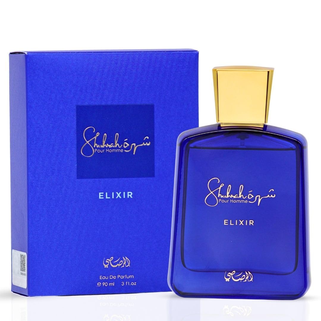 RASASI Shuhrah Elixir Pour Homme bottle front showing bold masculine design
