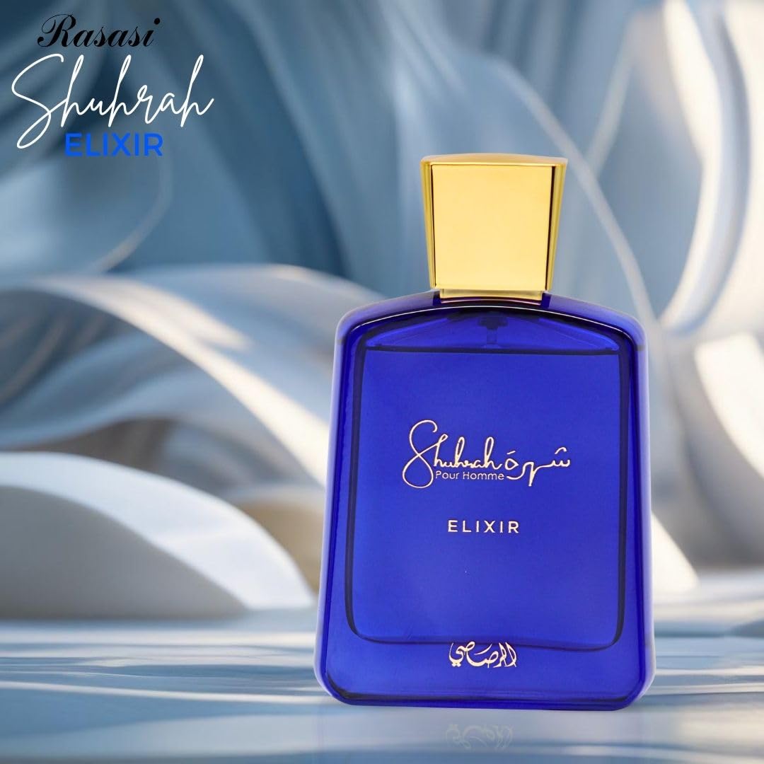 Travel-friendly Rasasi Shuhrah Elixir Pour Homme bottle for on-the-go