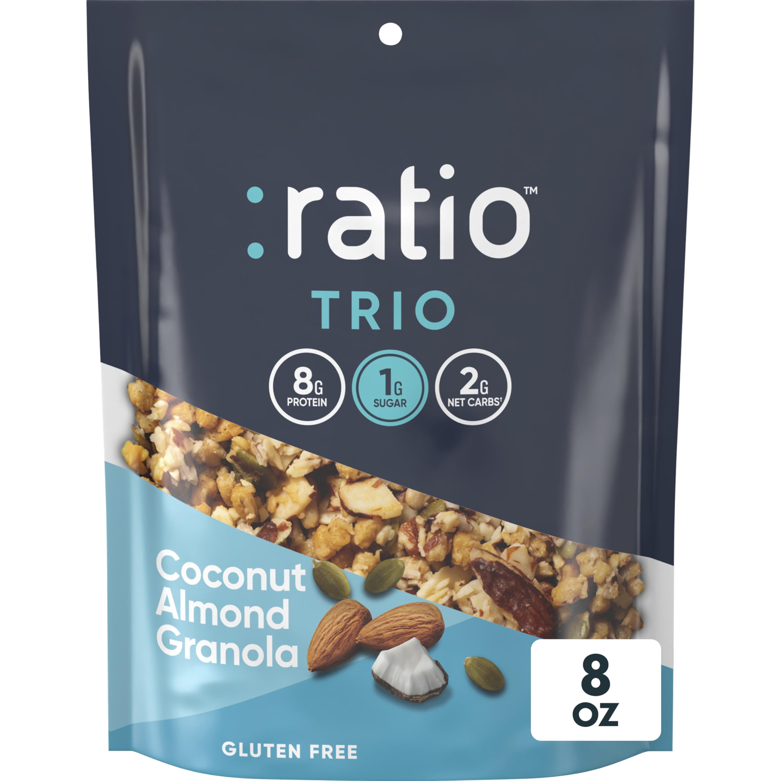 Ratio Trio coconut almond granola cereal bag showing convenient resealable packaging for on-the-go snacking