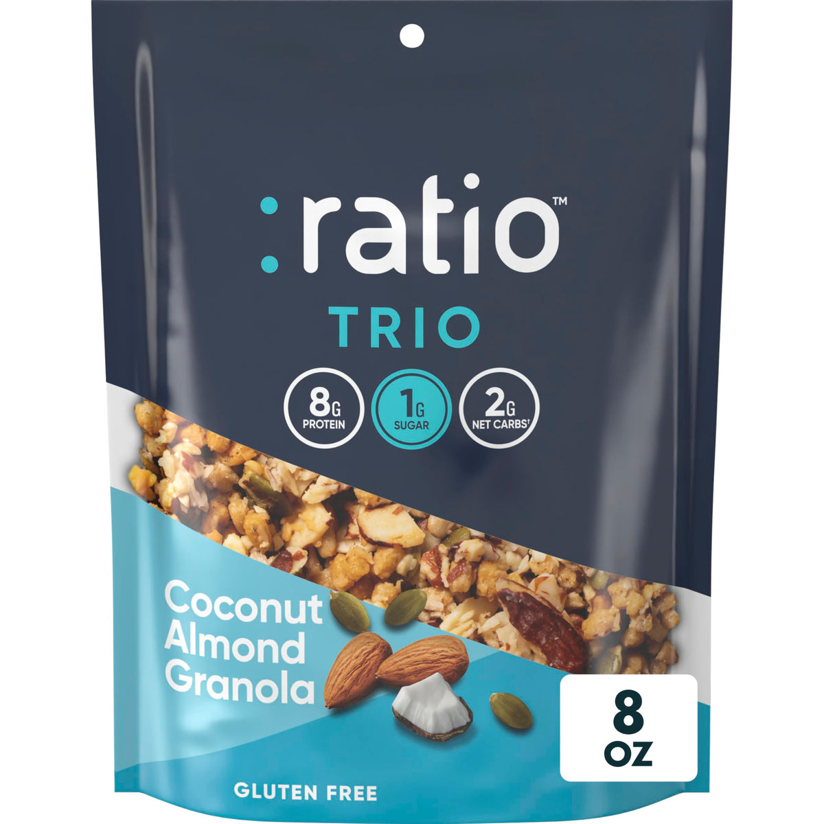 Ratio Trio coconut almond granola cereal bag showing convenient resealable packaging for on-the-go snacking