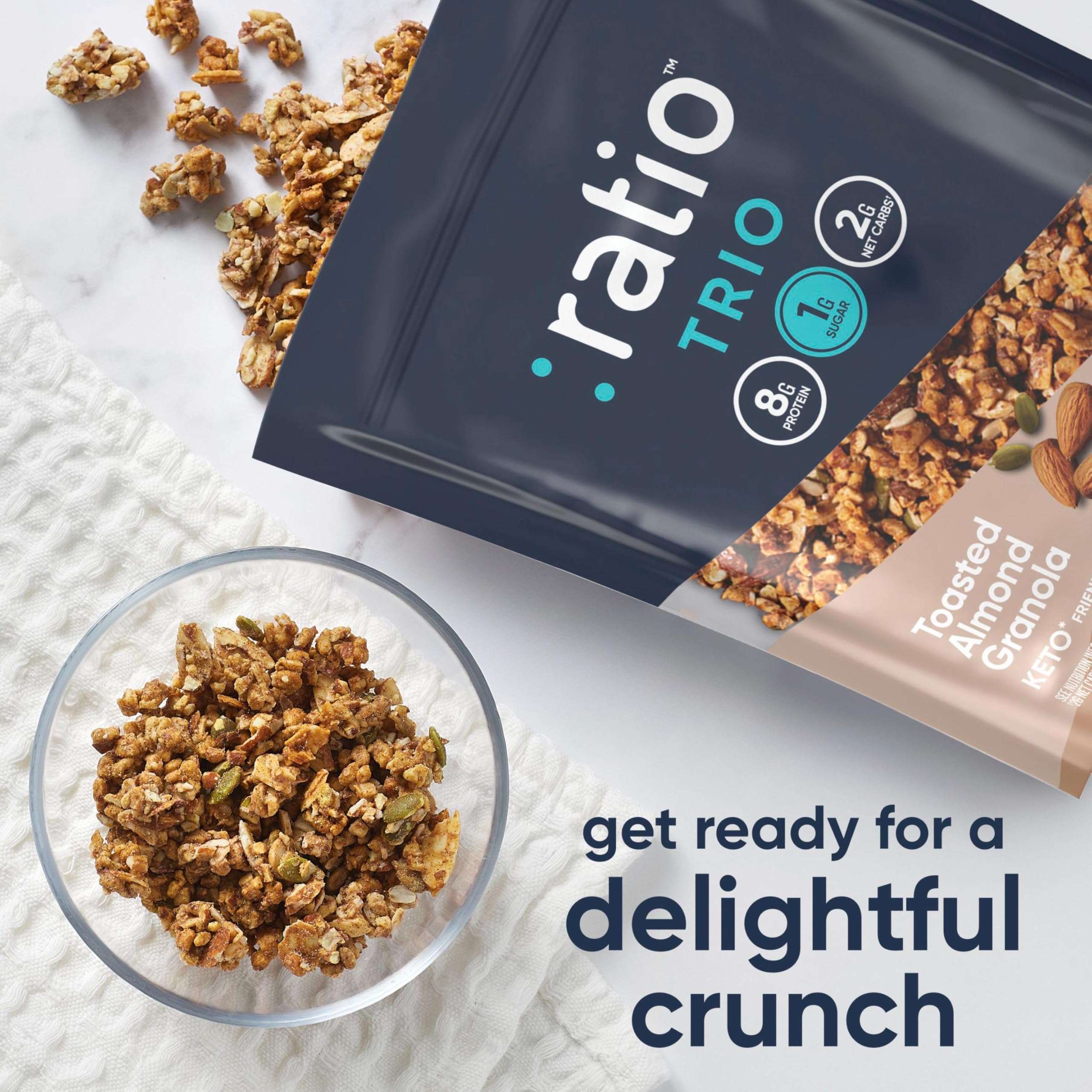 Ratio Trio resealable bag supports on-the-go snacking with fresh taste.