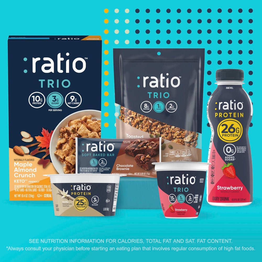 Ratio Trio Maple Almond Crunch box close-up communicates convenience