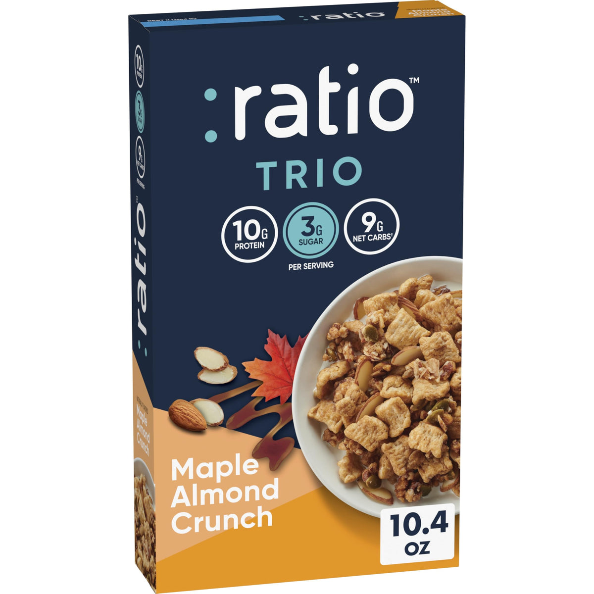 Ratio Trio Maple Almond Crunch cereal box front for keto-friendly breakfast