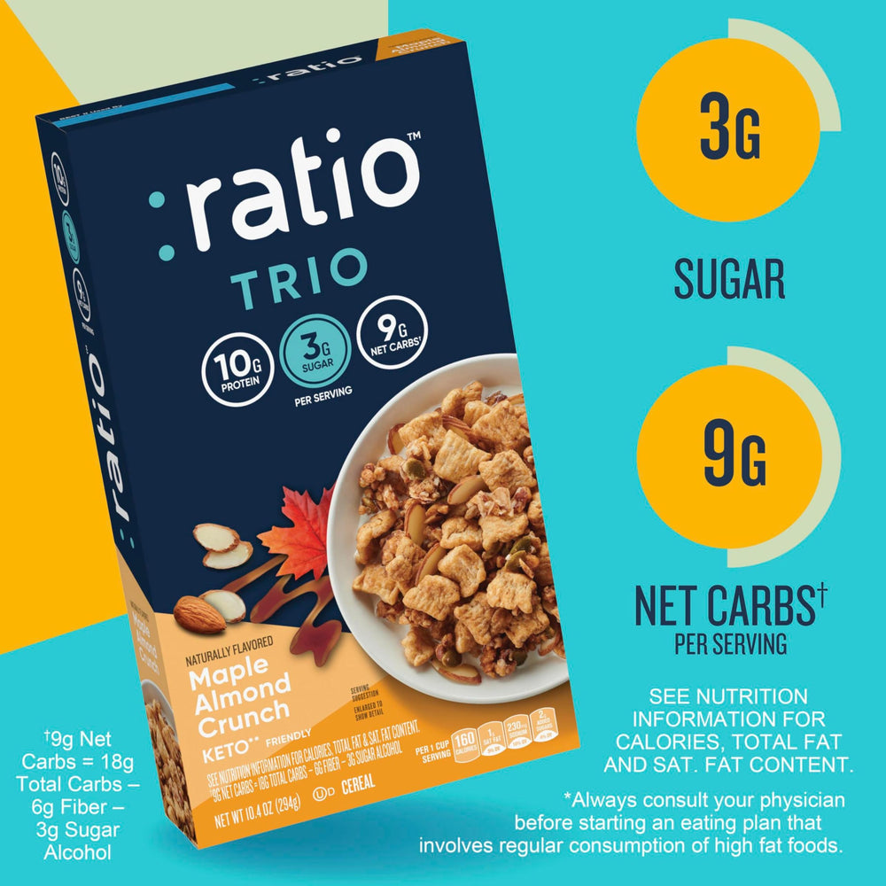 Ratio Trio Maple Almond Crunch cereal with milk for a satisfying start