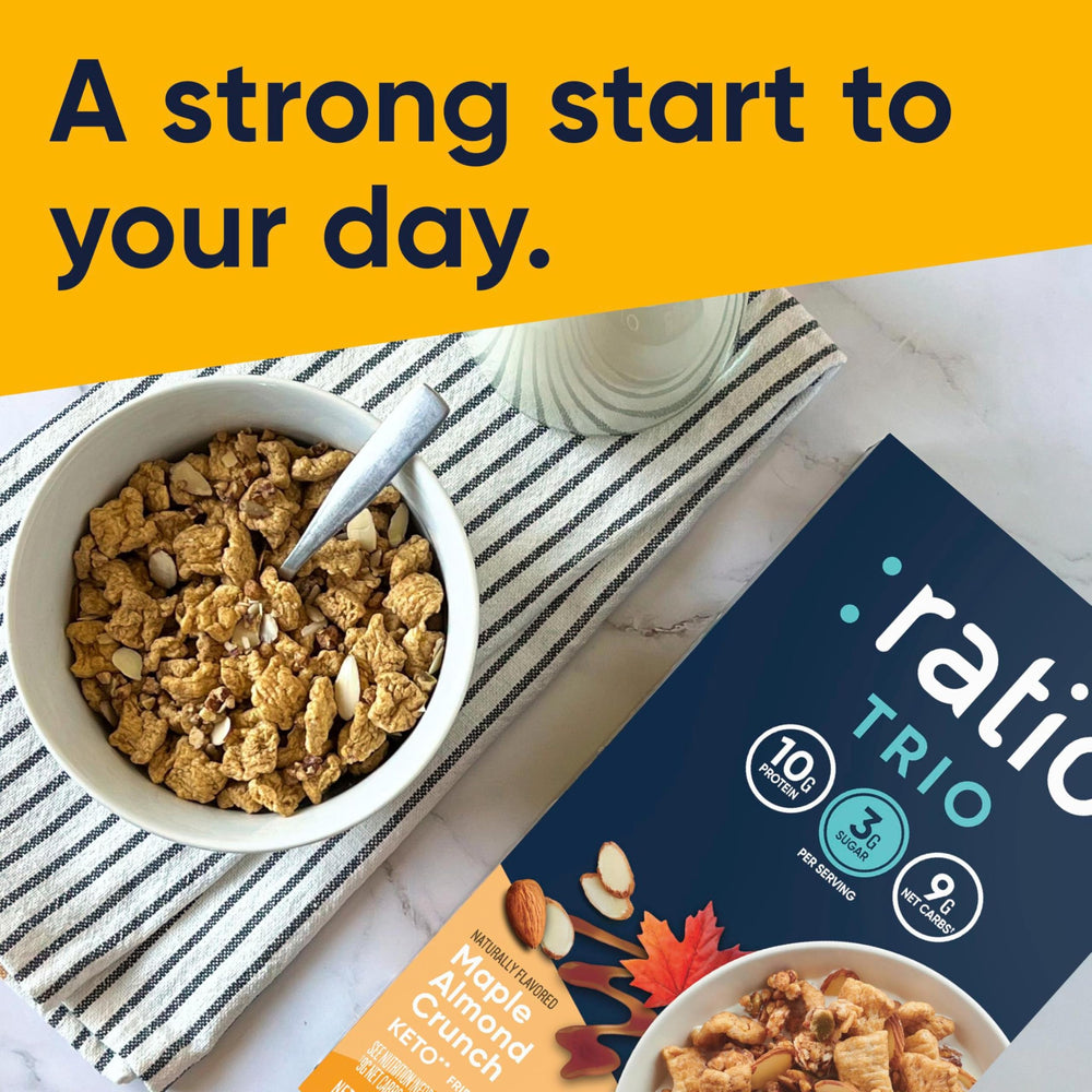 Ratio Trio Maple Almond Crunch sliced almonds close-up highlight protein snack